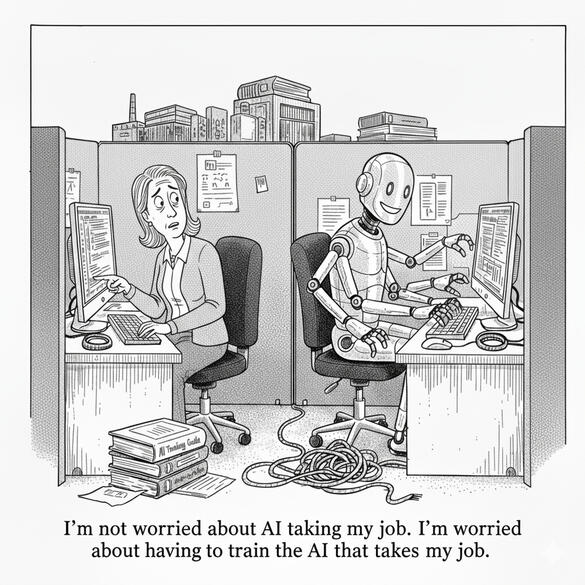 I'm not worried about AI taking my job. I'm worried about having to train the AI that takes my job. Black-and-white cartoon depicting a woman and a robot working in a cubicle. The woman looks worriedly at the robot as it works happily. Captioned "I'm not worried about AI taking my job. I'm worried about having to train the AI that takes my job."