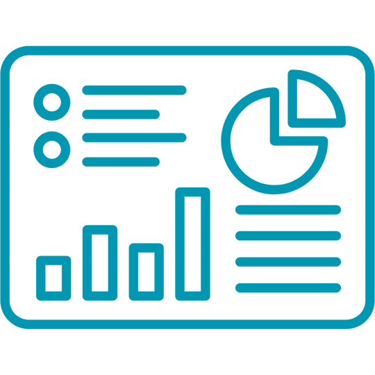 Teal graphic of a dashboard with various charts and graphs