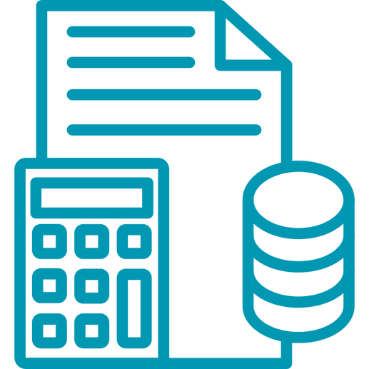 Graphic of document, calculator, and data stack